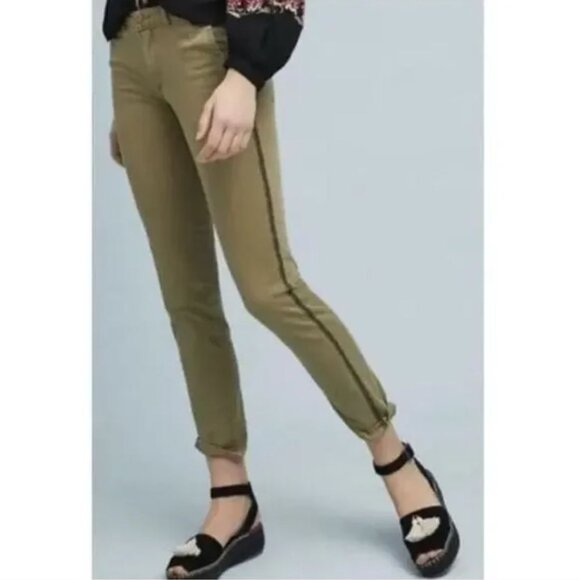 Anthropologie | Olive Green Relaxed Chino Navy Geo Tuxedo Stripe Pants | 26 - Picture 2 of 16